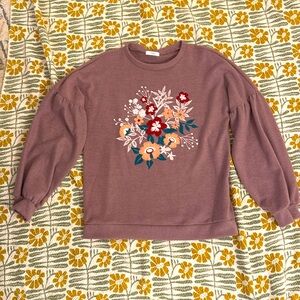 Light purple floral design cozy sweater with puff sleeves